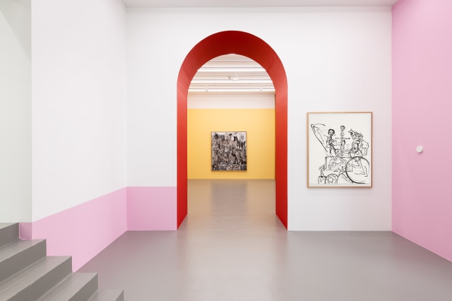 Installation view of paintings by Tobias Pils and wall paintings by Gerwald Rockenschaub