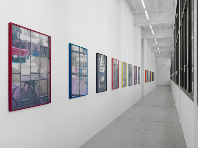 Installation view of Sam Falls paintings and sculptures exhibition