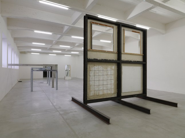 Installation view of sculptures by Oscar Tuazon