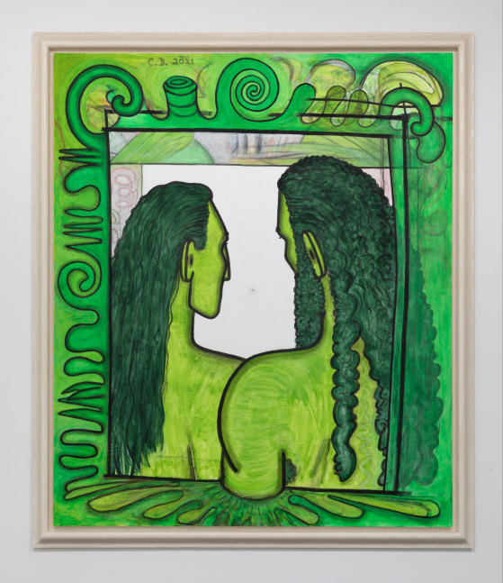 painting of two persons with green skin by Carroll Dunham