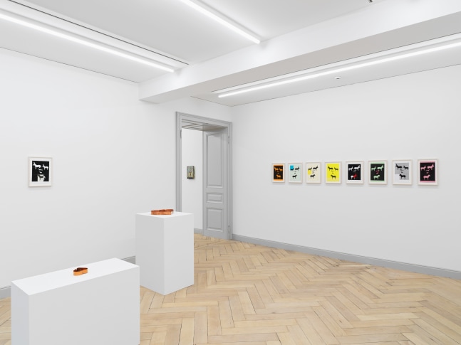 Installation view of Valentin Carron collage and sculpture exhibition