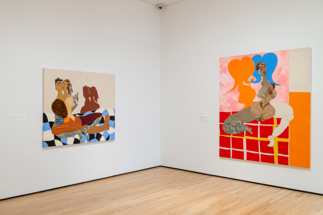 Installation view of paintings and sculptures by Tschabalala Self