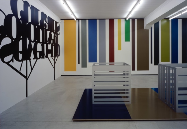 Installation view of Liam Gillick wall-based graphic work and sculpture exhibition