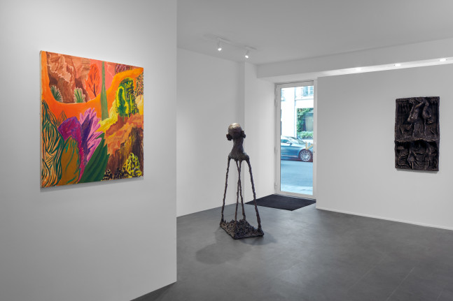 Installation view, Jean-Marie Appriou, Sam Falls, Shara Hughes, Galerie 75 Faubourg, Paris, 2021