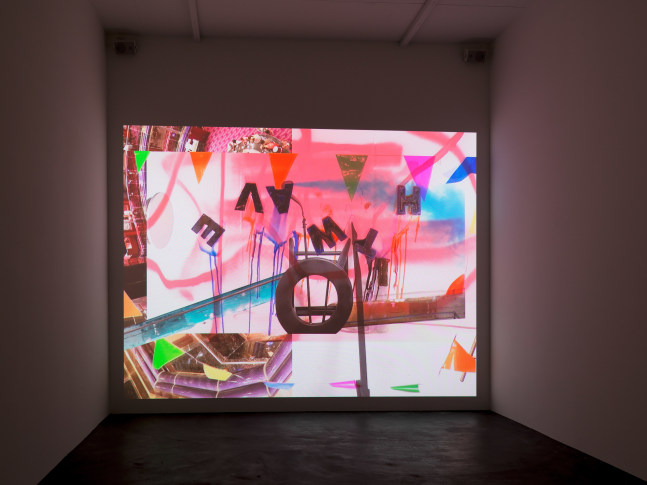 Installation view of Alex Hubbard sculptural paintings and film exhibition