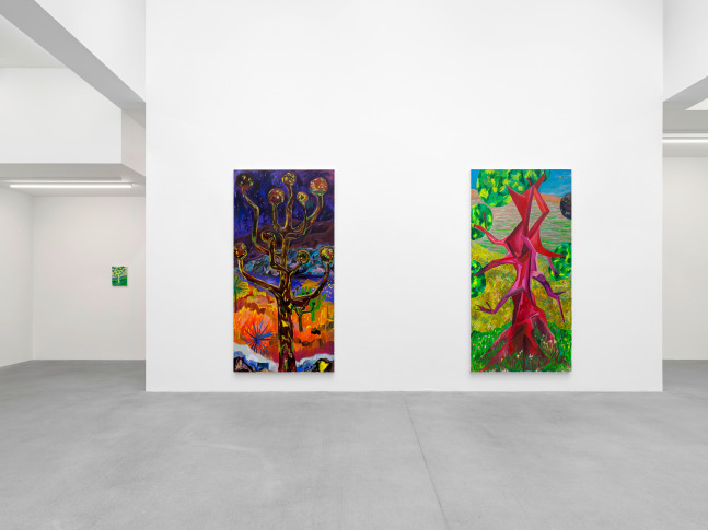 Installation view, Shara Hughes, Tree Farm, Galerie Eva Presenhuber, Waldmannstrasse, Zurich, 2024