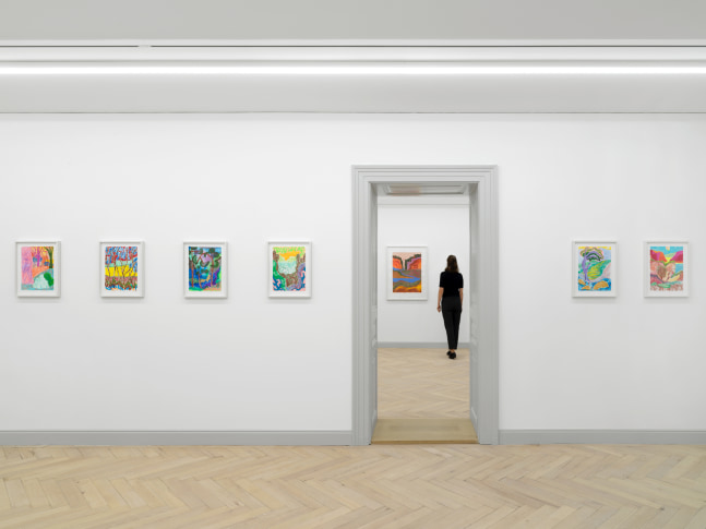 Installation view of Shara Hughes paintings and works on paper exhibition