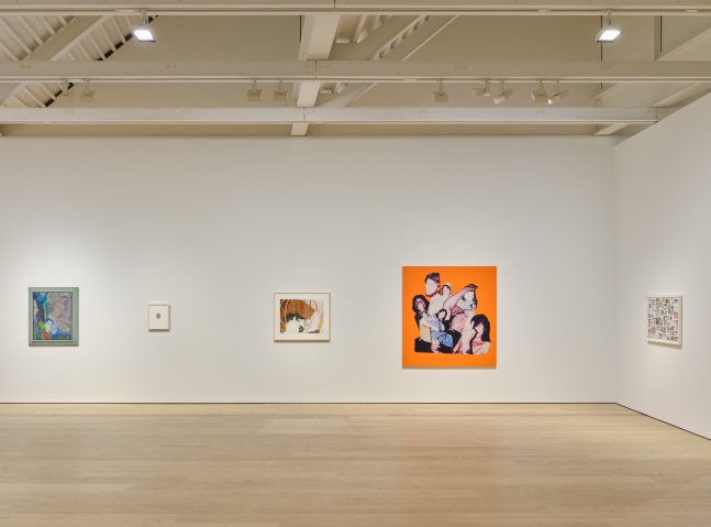Installation view of sculptures, screen prints, paintings and drawings by Steven Shearer