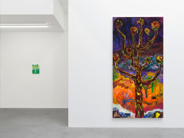Installation view, Shara Hughes, Tree Farm, Galerie Eva Presenhuber, Waldmannstrasse, Zurich, 2024