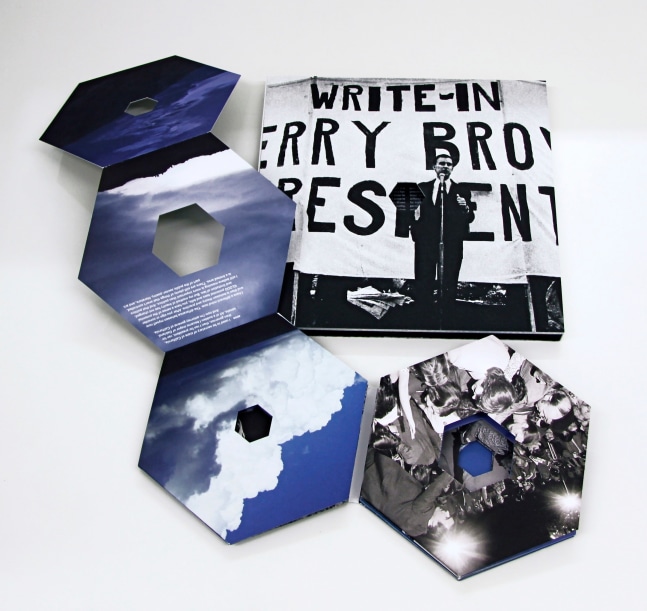 DOUG&amp;nbsp;AITKEN
Write In Jerry Brown President
2008
Book; offset print on hexagonal cut cardboard, die cut, hand folded and bound, set into a handmade
silkscreen box
Ed. 54/200 + 25 AP
30.5 x 31 x 2 cm / 12 x 12 1/8 x 3/4 inches
Each hexagonal 19.5 x 19.5 cm
Unfolded 129 x 73 cm