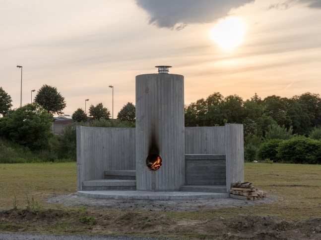 Installation view of sculpture by Oscar Tuazon