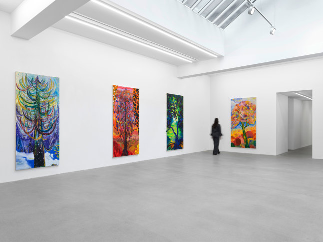 Installation view, Shara Hughes, Tree Farm, Galerie Eva Presenhuber, Waldmannstrasse, Zurich, 2024