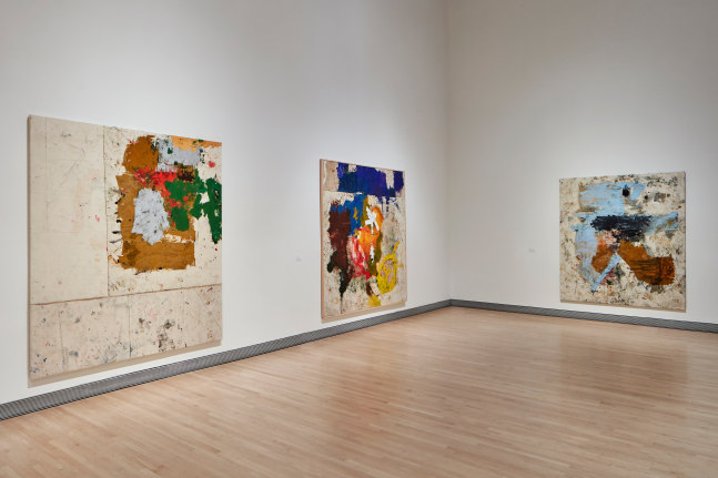 Installation view of paintings and sculptures by Joe Bradley