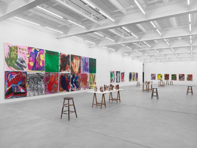 Installation view of Josh Smith paintings and ceramics exhibition