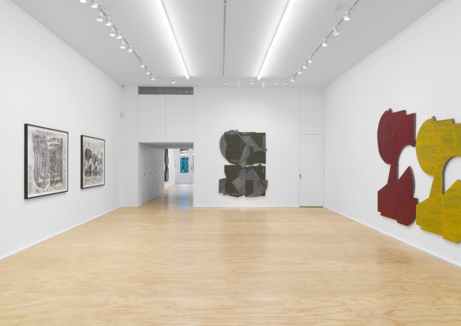Installation view of Wyatt Kahn wall reliefs and works on paper