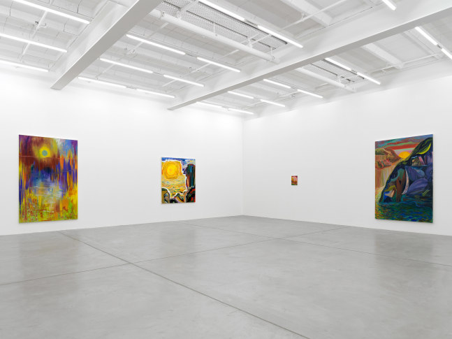 Installation view of Shara Hughes paintings