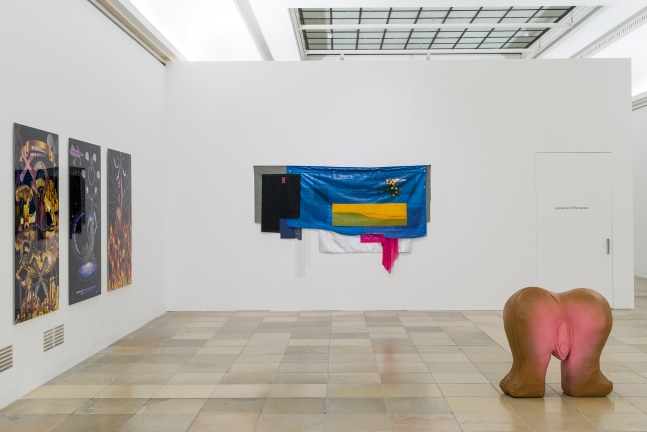 Installation view of paintings by Tschabalala Self