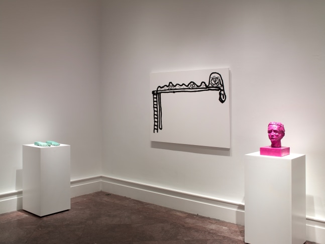 Installation view of paintings and sculptures by Joe Bradley