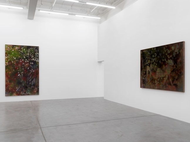 Installation view of Sam Falls paintings and sculptures exhibition