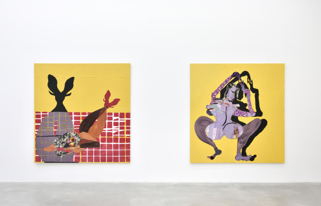 Installation view of paintings by Tschabalala Self