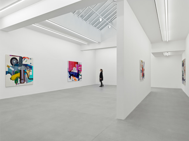 Installation view of paintings and video by Alex Hubbard