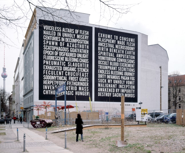 Installation view of outside wall work by Steven Shearer