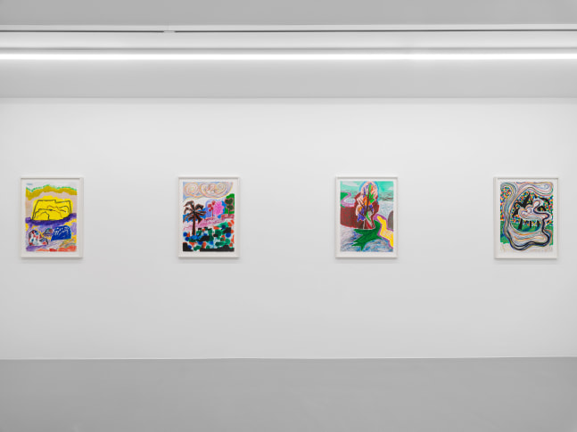 Installation view of Shara Hughes paintings and works on paper exhibition