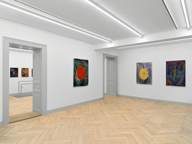 Installation view of Josh Smith paintings, monotypes, and ceramics exhibition