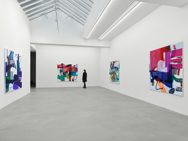 Installation view of paintings and video by Alex Hubbard