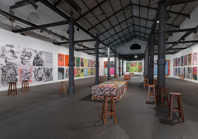 Installation view of paintings by Josh Smith