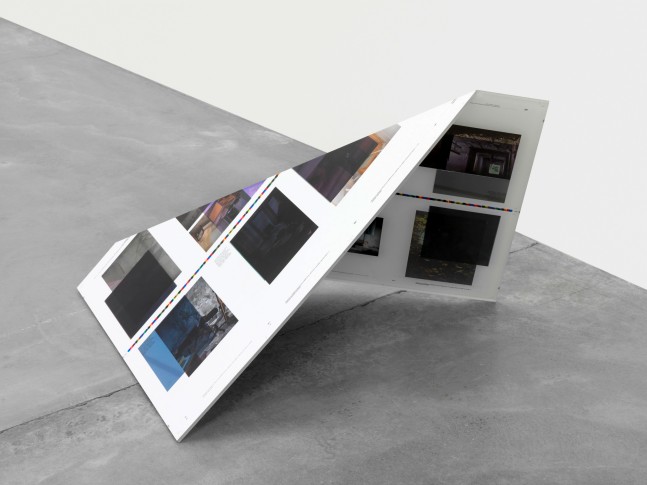 WALEAD&amp;nbsp;BESHTY&amp;nbsp;
Make-Ready 1: Uncut Signature [Walead Beshty: Selected Correspondences 2001-2010, Bologna: Damiani Editore, 2010, Grafiche Damiani, Bologna, Italy, July 4 &amp;ndash; 6, 2010], 90&amp;deg; Bend, 45&amp;deg; Antidiagonal / 135&amp;deg; Diagonal Bisection
2016
Four-color offset on coated paper, bent plexiglass
56 x 109 x 56 cm / 22 x 43 x 22 inches