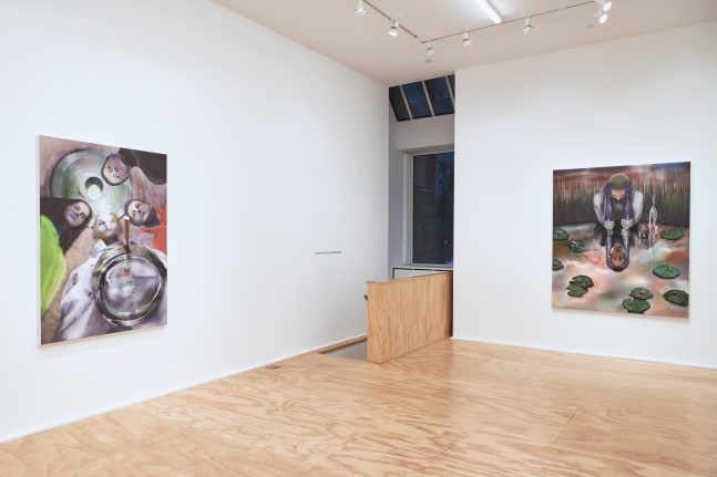 Installation views of paintings by Louisa Gagliardi and sculptures and lenticular works by Yves Scherer