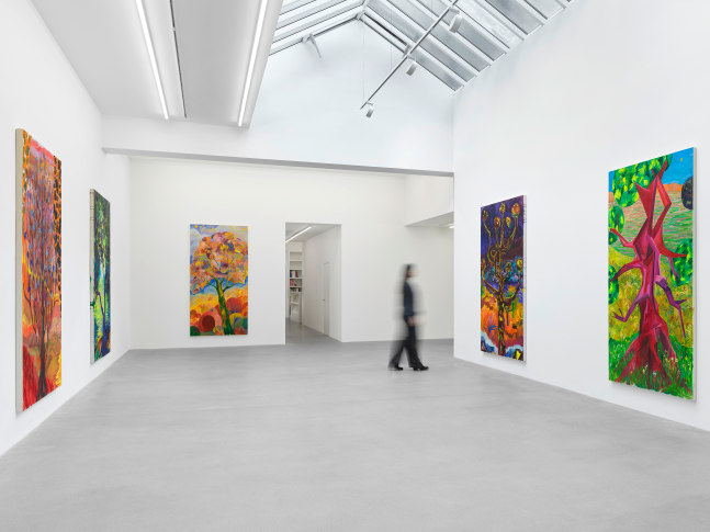 Installation view, Shara Hughes, Tree Farm, Galerie Eva Presenhuber, Waldmannstrasse, Zurich, 2024