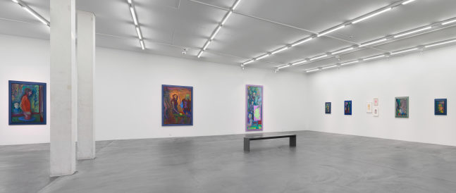 Installation view of Steven Shearer paintings, drawings, and printed works exhibition