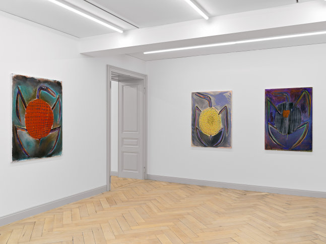 Installation view of Josh Smith paintings, monotypes, and ceramics exhibition