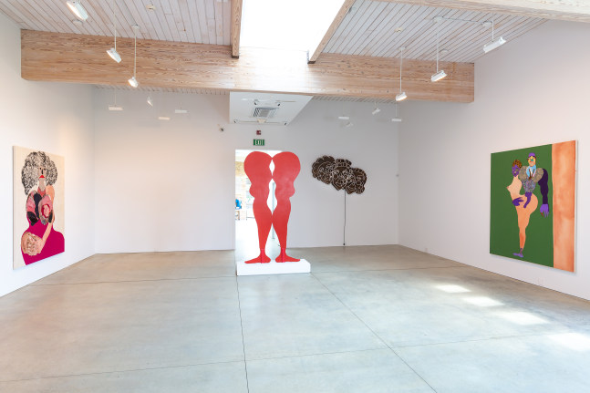 Installation view of paintings and sculptures by Tschabalala Self