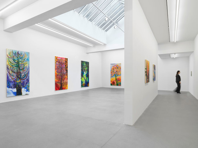 Installation view, Shara Hughes, Tree Farm, Galerie Eva Presenhuber, Waldmannstrasse, Zurich, 2024