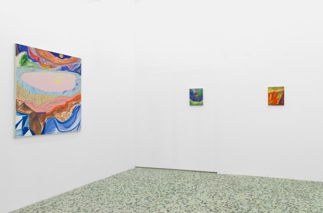 Installation view of Shara Hughes paintings exhibition