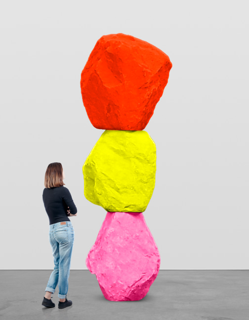 pink yellow red mountain 

2025

Painted stone, stainless steel, concrete

Sculpture approx. 300 x 100 x 100 cm / 118 1/8 x 39 3/8 x 39 3/8 in

&amp;copy; Ugo Rondinone