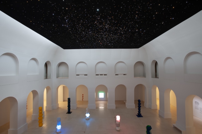 Installation view of sculptures and painting by Angela Bulloch