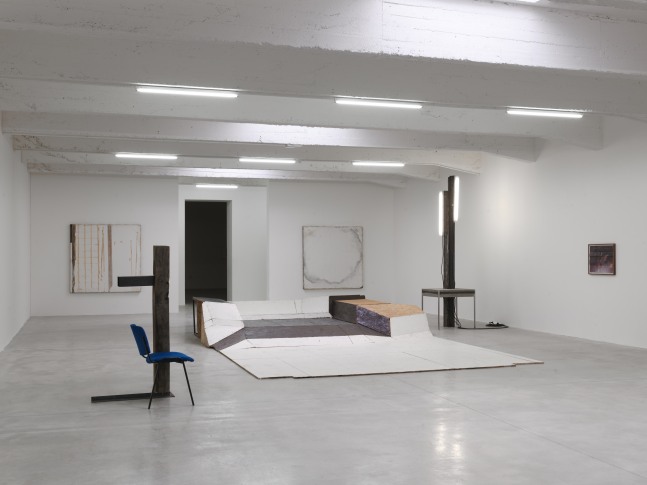 Installation view of sculptures by Oscar Tuazon