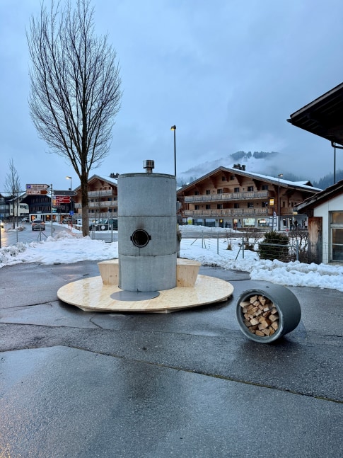 Installation view, Oscar Tuazon, Fire Worship, Elevation 1049, Saanen, 2025