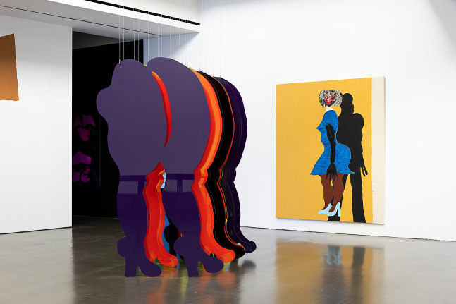 Installation view of paintings and sculptures by Tschabalala Self