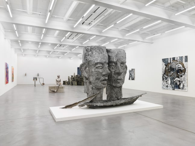 Installation view of group painting, sculpture, and film exhibition