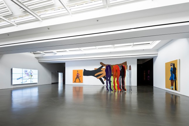 Installation view of paintings and sculptures by Tschabalala Self