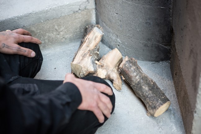 Installation view of sculpture by Oscar Tuazon