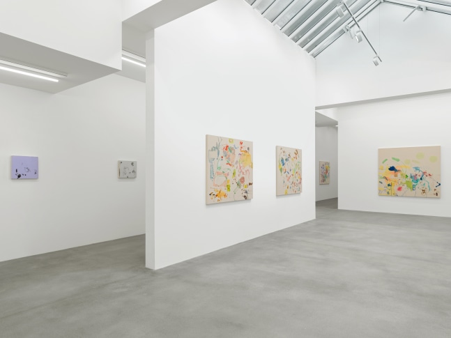 Installation view of Sue Williams painting and collage exhibition