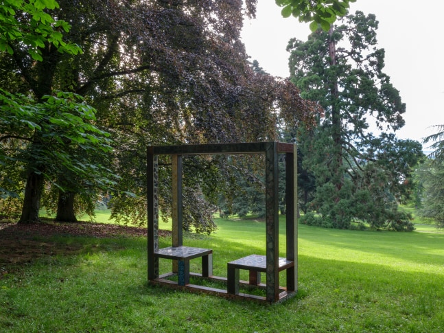 Installation view of outdoor sculpture by Sam Falls
