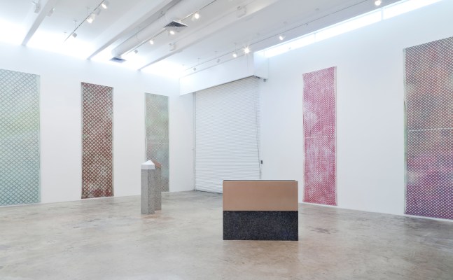 Installation view of paintings and sculptures by Sam Falls