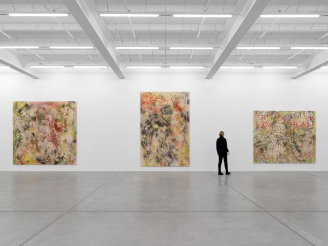 Installation view of Sam Falls paintings and ceramic reliefs exhibition